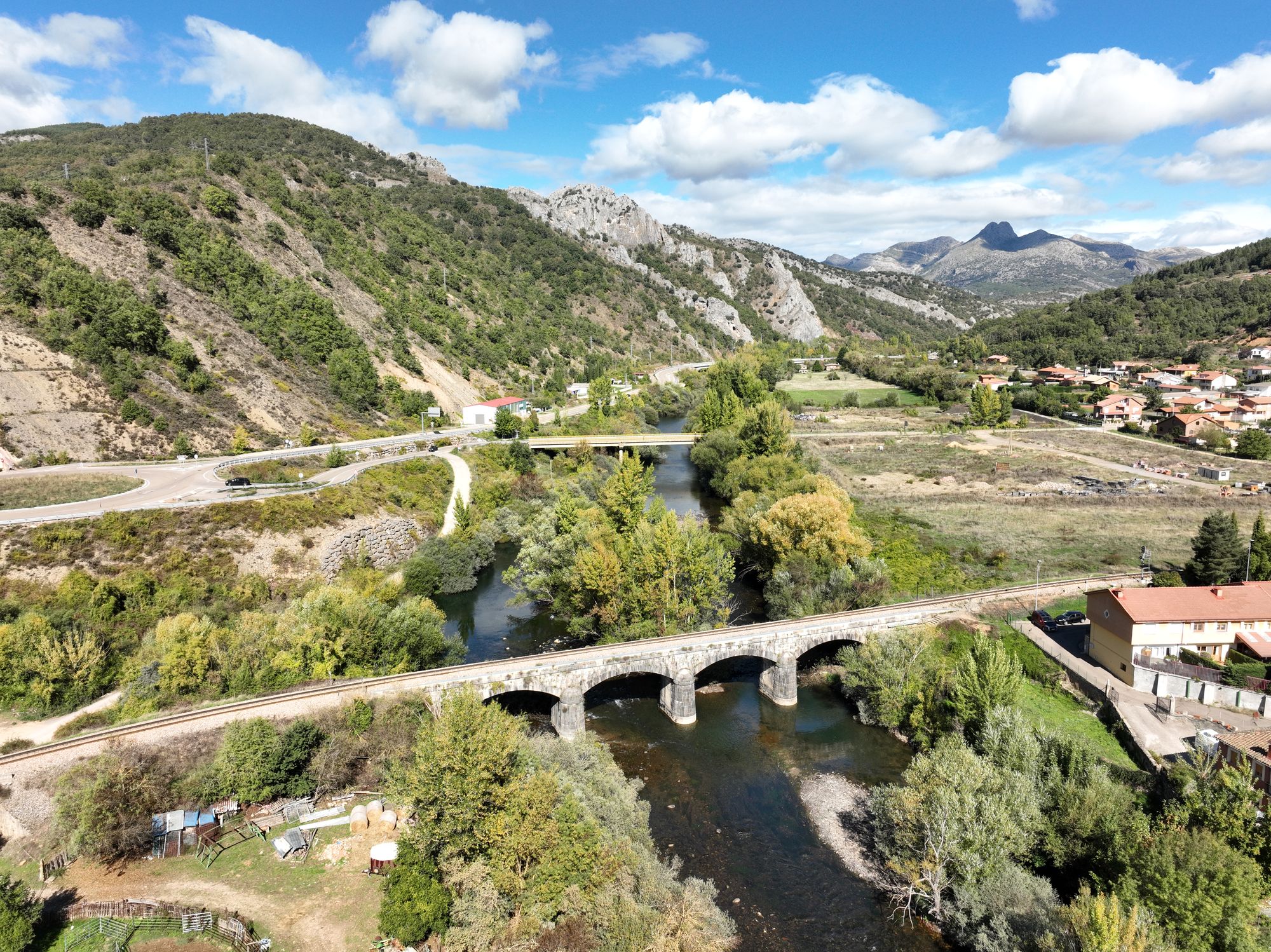 Puente de fábrica de arcos con vía sobre el Esla; detrás puente vial, vegetación y borde del caserío.